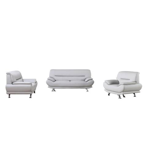 Faux Leather Upholstered Wooden Sofa with Pillow Top Armrest, Set of Three, Light Gray and Silver