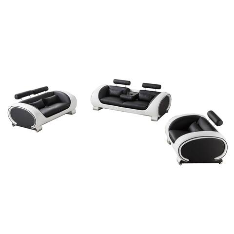 Faux Leather Upholstered Wooden Living Room Sofa with Headrest, Set of Three, Black and White