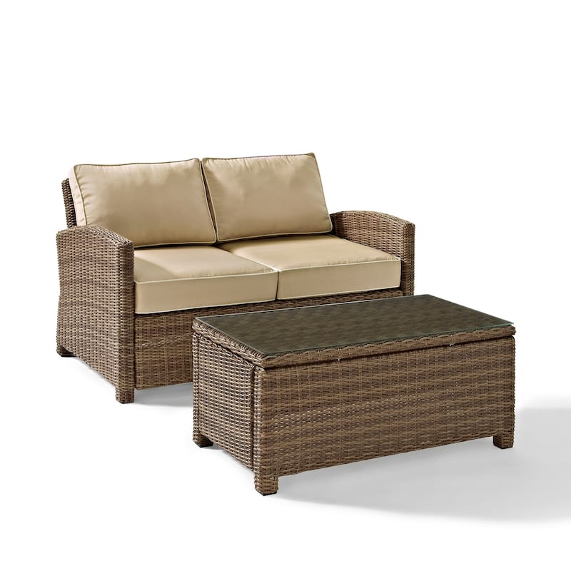 Crosley Bradenton 2 Piece Outdoor Wicker Seating Set With Sand Cushions - Loveseat & Glass Top Table