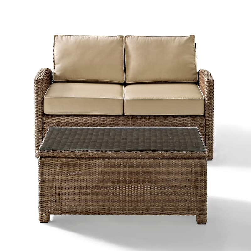 Crosley Bradenton 2 Piece Outdoor Wicker Seating Set With Sand Cushions - Loveseat & Glass Top Table