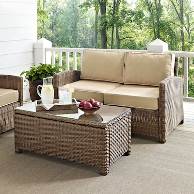 Crosley Bradenton 2 Piece Outdoor Wicker Seating Set With Sand Cushions - Loveseat & Glass Top Table