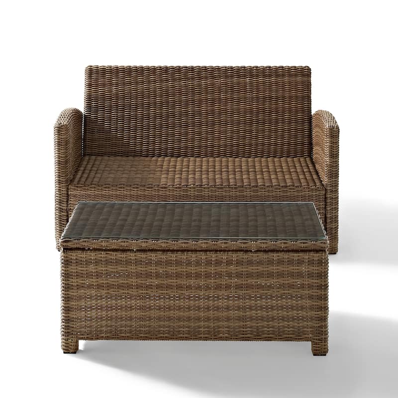 Crosley Bradenton 2 Piece Outdoor Wicker Seating Set With Sand Cushions - Loveseat & Glass Top Table