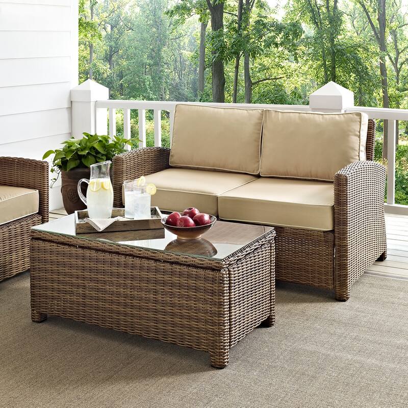 Crosley Bradenton 2 Piece Outdoor Wicker Seating Set With Sand Cushions - Loveseat & Glass Top Table