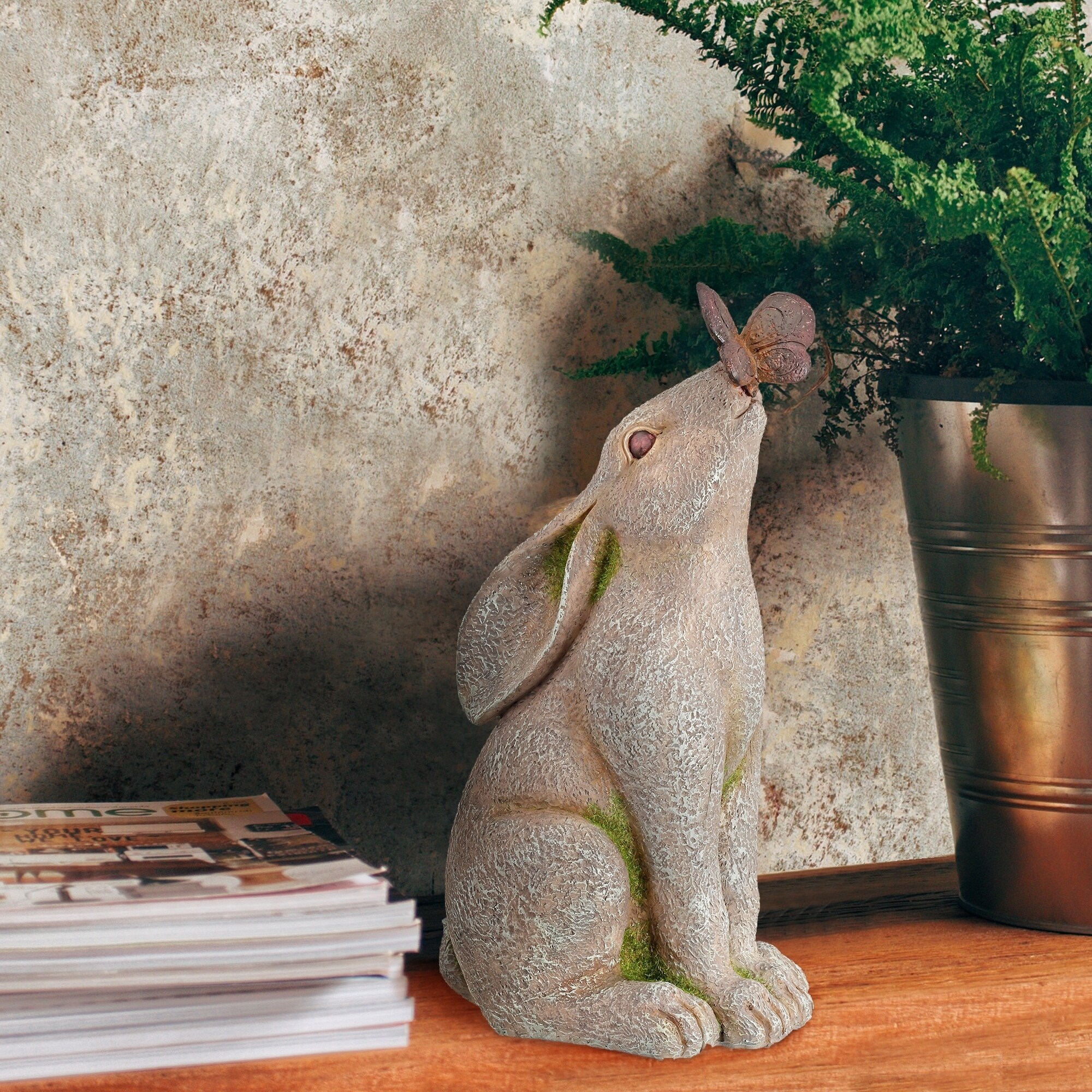 Bunny Rabbit with Butterfly on Nose Garden Statue, Moss - Stone