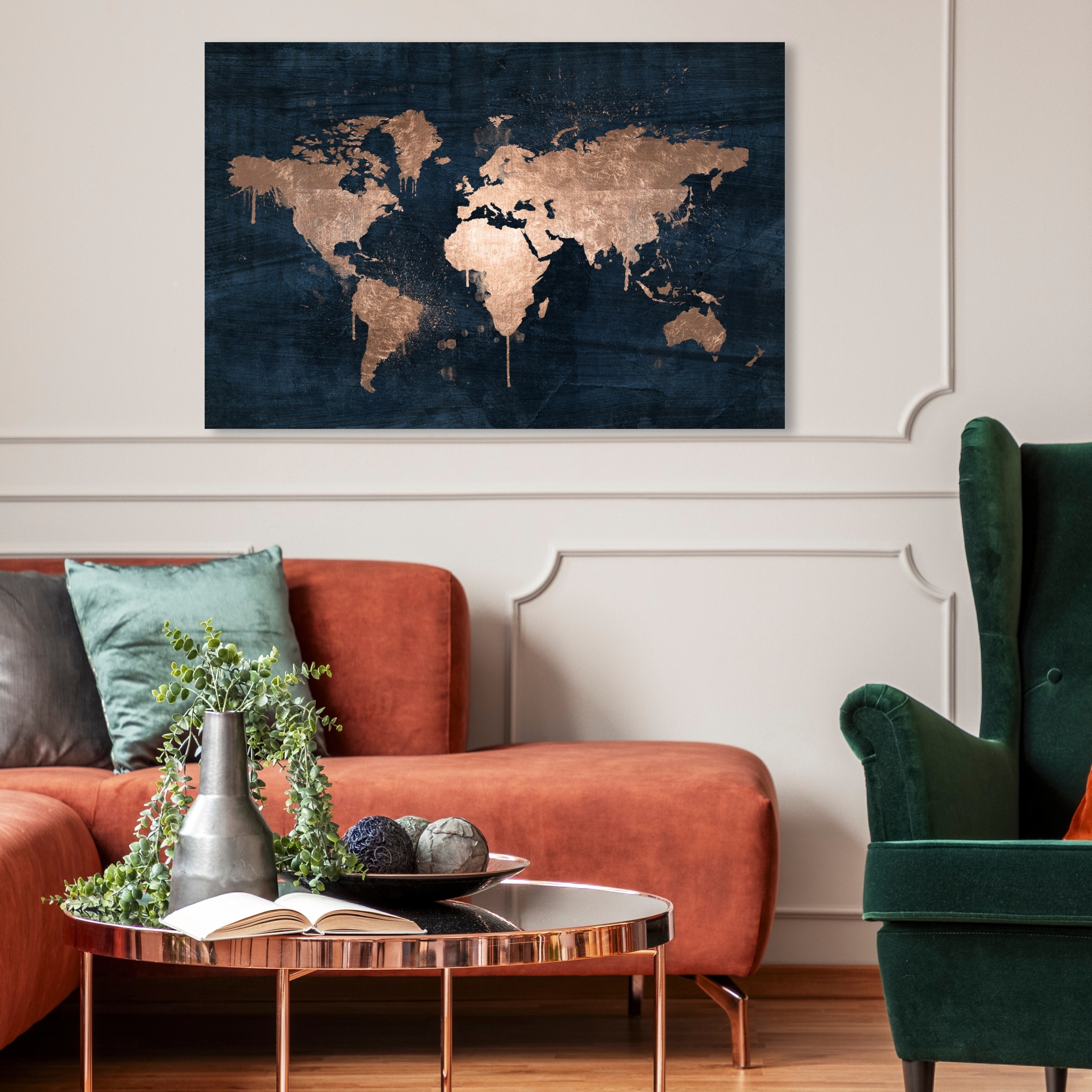 Oliver Gal 'Mapamundi Copper' Navy Blue, Gold Maps Wall Art Canvas