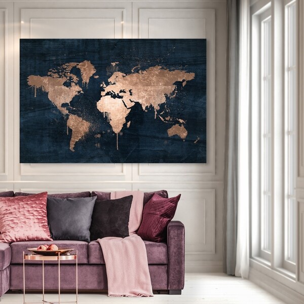 Oliver Gal 'Mapamundi Copper' Navy Blue, Gold Maps Wall Art Canvas