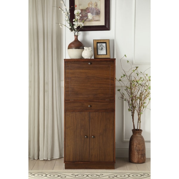 Spacious Wooden Wine Cabinet with Drop Down Storage and Double Door Cabinet, Brown