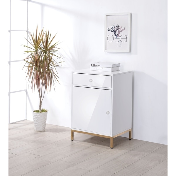 Metal Base Wooden Cabinet with Drawer and Door Storage, White and Gold