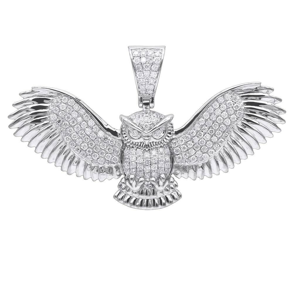 Real Diamond Owl Pendant Large in Solid 10K Gold 1.1ctw & 18" Chain by Luxurman