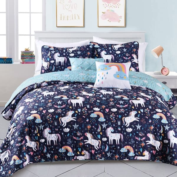 slide 2 of 12, Porch & Den Marguerite Unicorn/ Heart Pattern Quilt Set Navy - Queen/Full - Queen/Full