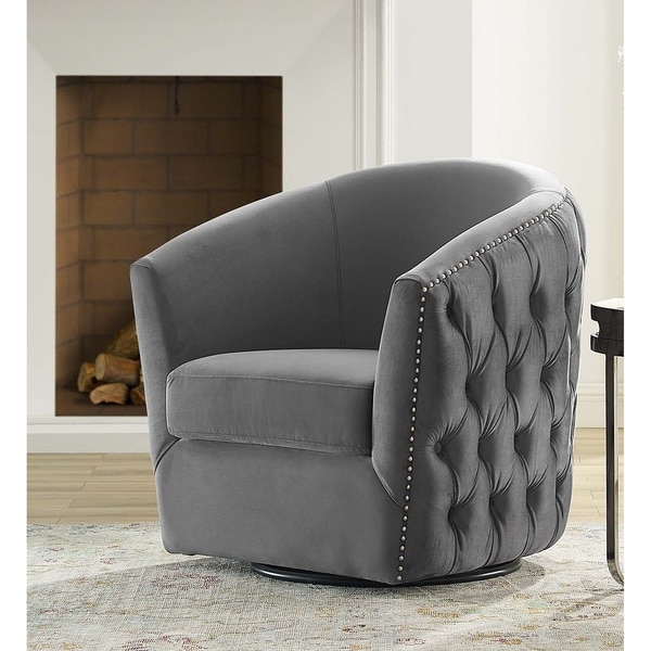 Shop Hanson Grey Velvet Button Tufted Swivel Chair - Overstock - 28360421