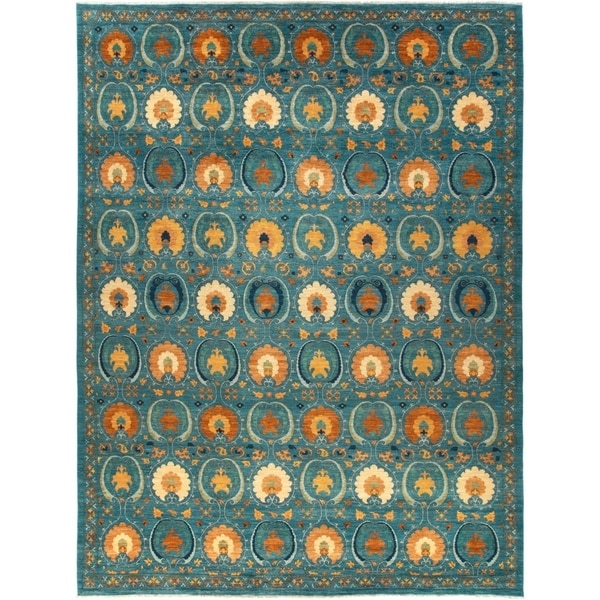 Contemporary Patterned & Floral One-of-a-Kind Hand-Knotted Area Rug - 10 x 14