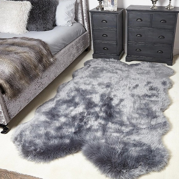 Shop Super Soft Fluffy Grey Modern Shaped Faux Sheepskin Area Rug On