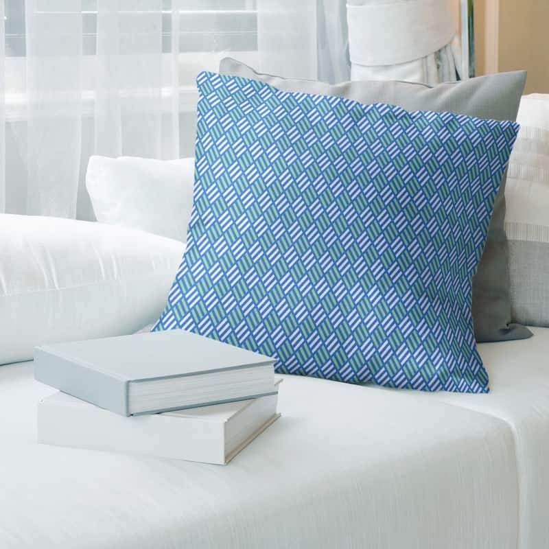 Blue Feature Two Color Stripe Diamonds Throw Pillow - 14 x 14 - Blue & Green - Synthetic Fiber