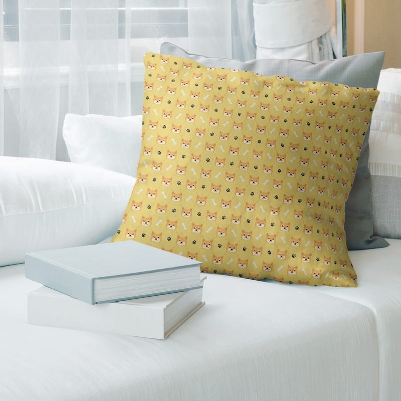 Main Color Shiba Inu Pattern Throw Pillow - 16 x 16 - Yellow - Polyester