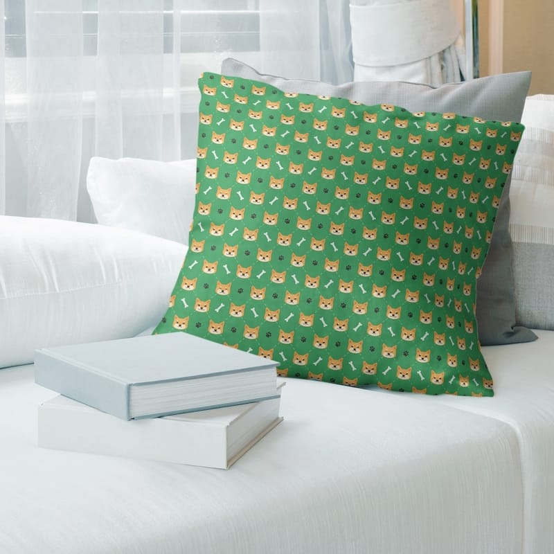 Main Color Shiba Inu Pattern Throw Pillow - 20 x 20 - Green - Linen