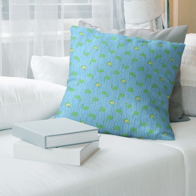 Multicolor Whales Pattern with Blue Throw Pillow - 18 x 18 - Blue & Green - Linen
