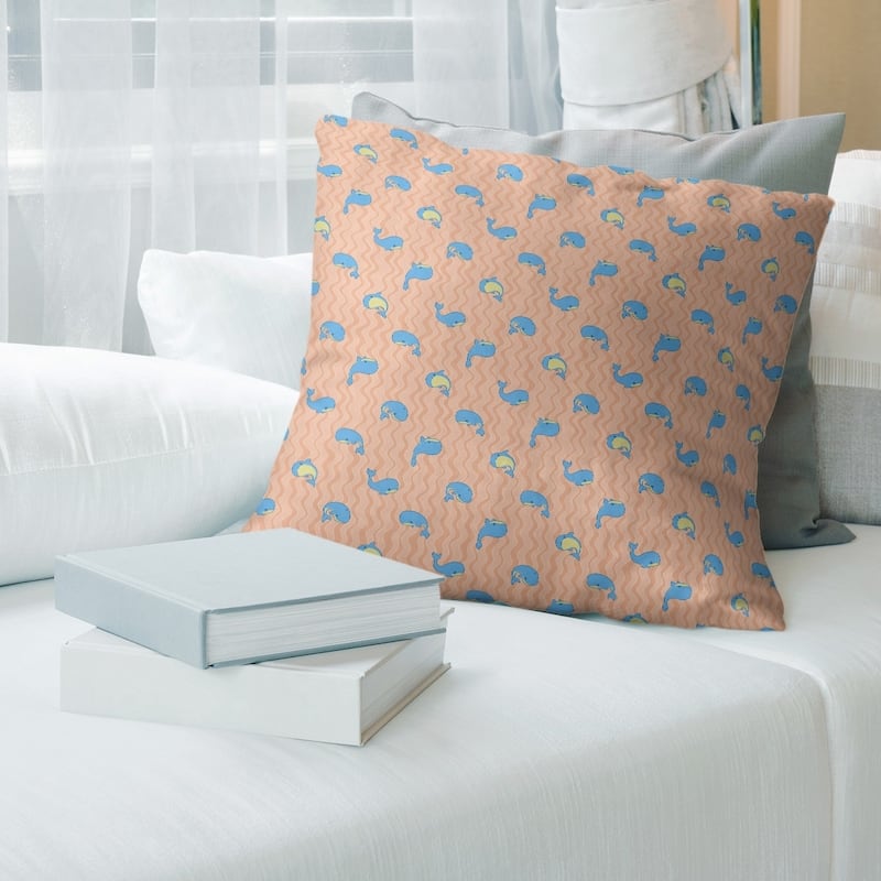 Multicolor Whales Pattern with Blue Throw Pillow - 20 x 20 - Orange & Blue - Faux Suede