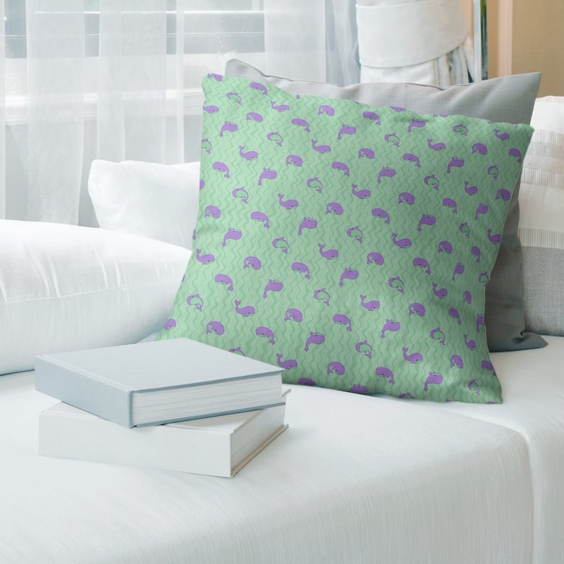 Multicolor Whales Pattern Throw Pillow - 16 x 16 - Green & Purple - Cotton