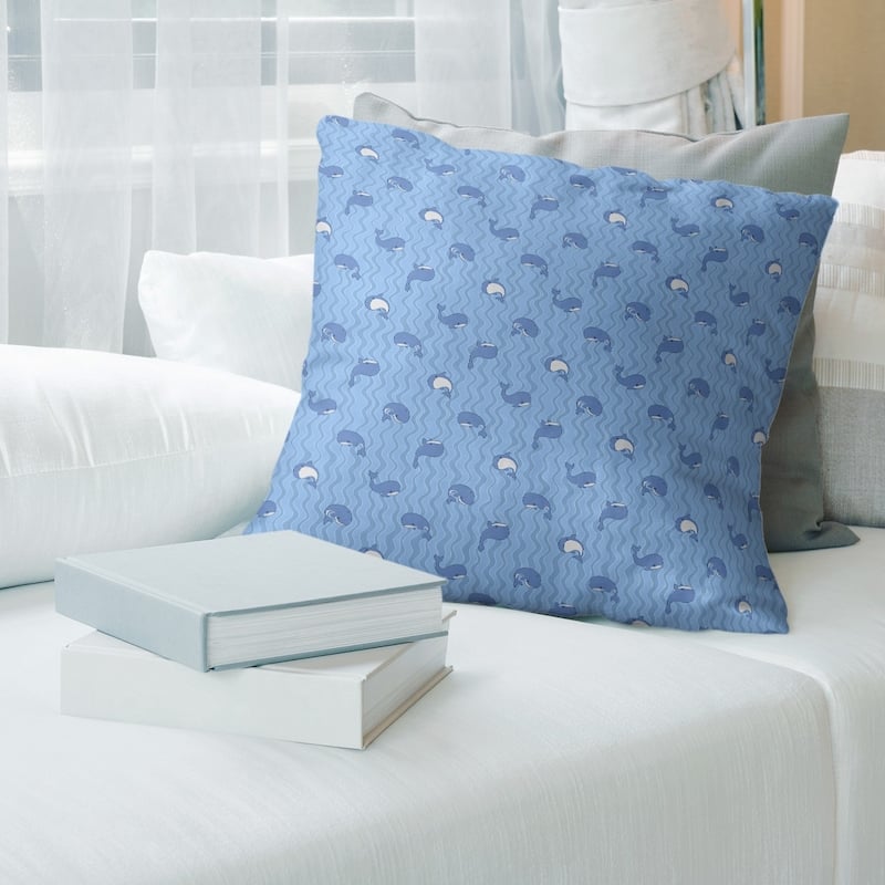Whales Pattern Throw Pillow - 18 x 18 - Blue - Cotton