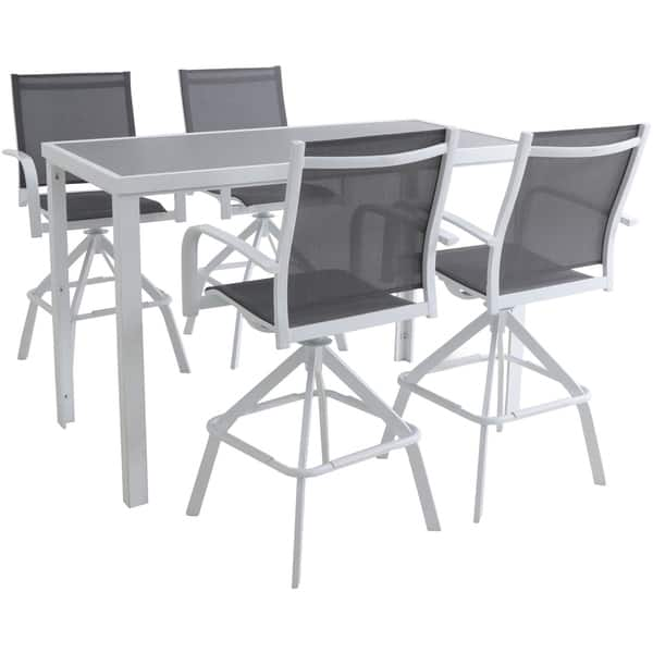 Hanover Naples 5 Piece Outdoor High Dining Set With 4 Swivel Bar Chairs And A Glass Top Bar Table White