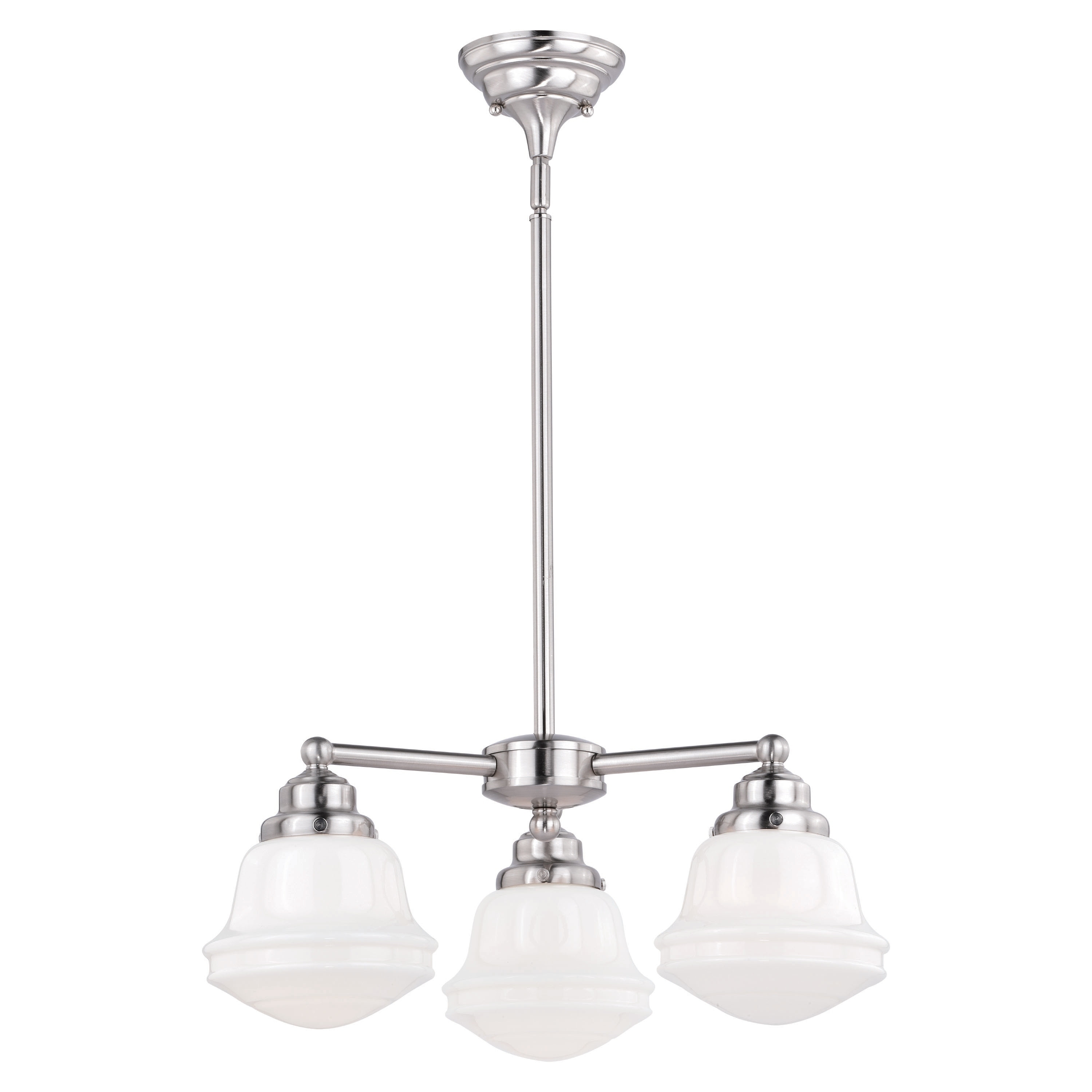 Huntley 3 Light Satin Nickel Farmhouse Schoolhouse Mini Chandelier White Milk Glass - 19.75-in W x 32.25-in H x 19.75-in D - Chandeliers For Bedrooms by Overstock.com