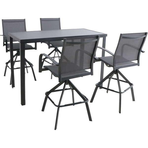 Hanover Naples 5 Piece Outdoor High Dining Set With 4 Swivel Bar Chairs And A Glass Top Bar Table Gray