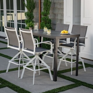 Hanover Naples 5-Piece Outdoor High-Dining Set with 4 Swivel Bar Chairs and a Glass-Top Bar Table, White/Gray