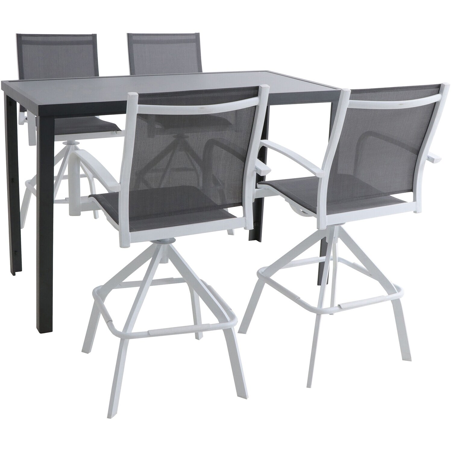 Shop Hanover Naples 5 Piece Outdoor High Dining Set With 4 Swivel Bar Chairs And A Glass Top Bar Table White Gray Overstock 28365737