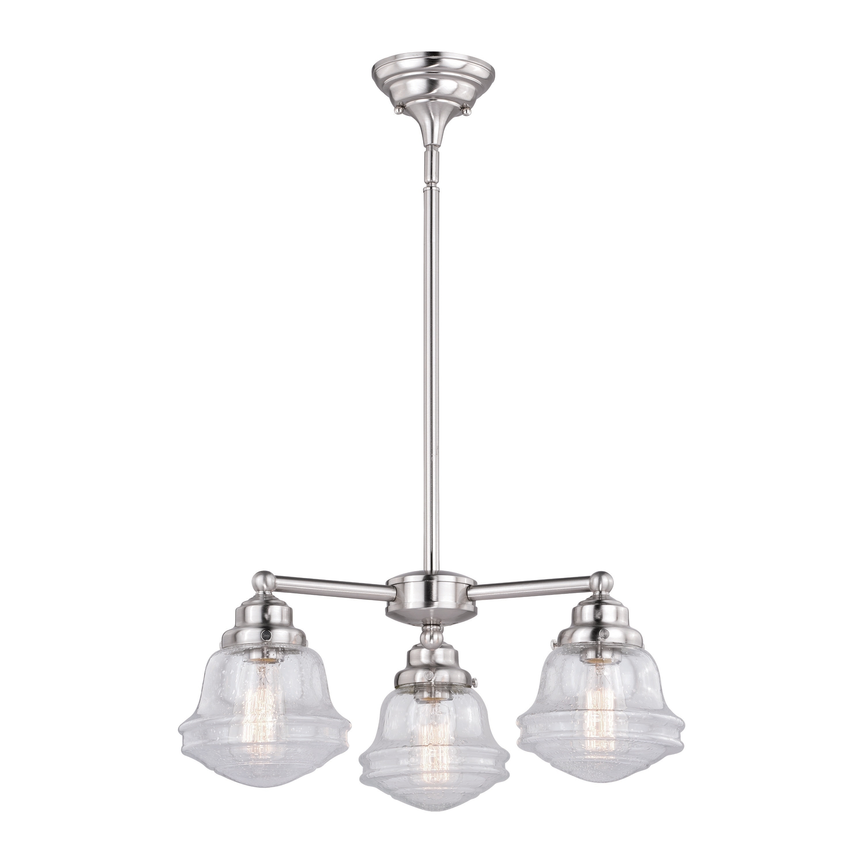 Huntley 3 Light Satin Nickel Farmhouse Schoolhouse Mini Chandelier Clear Glass - 19.75-in W x 32.25-in H x 19.75-in D - Chandeliers For Bedrooms by Overstock.com