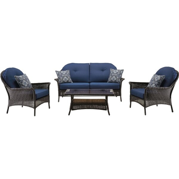 Hanover Sun Porch 4-Piece Resin Lounge Set with Handwoven Loveseat, 2 Armchairs, Coffee Table, and Plush Navy Blue Cushions