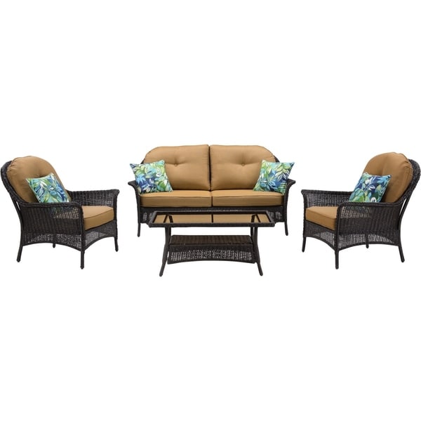 Hanover Sun Porch 4-Piece Resin Lounge Set with Handwoven Loveseat, 2 Armchairs, Coffee Table, and Plush Country Cork Cushions