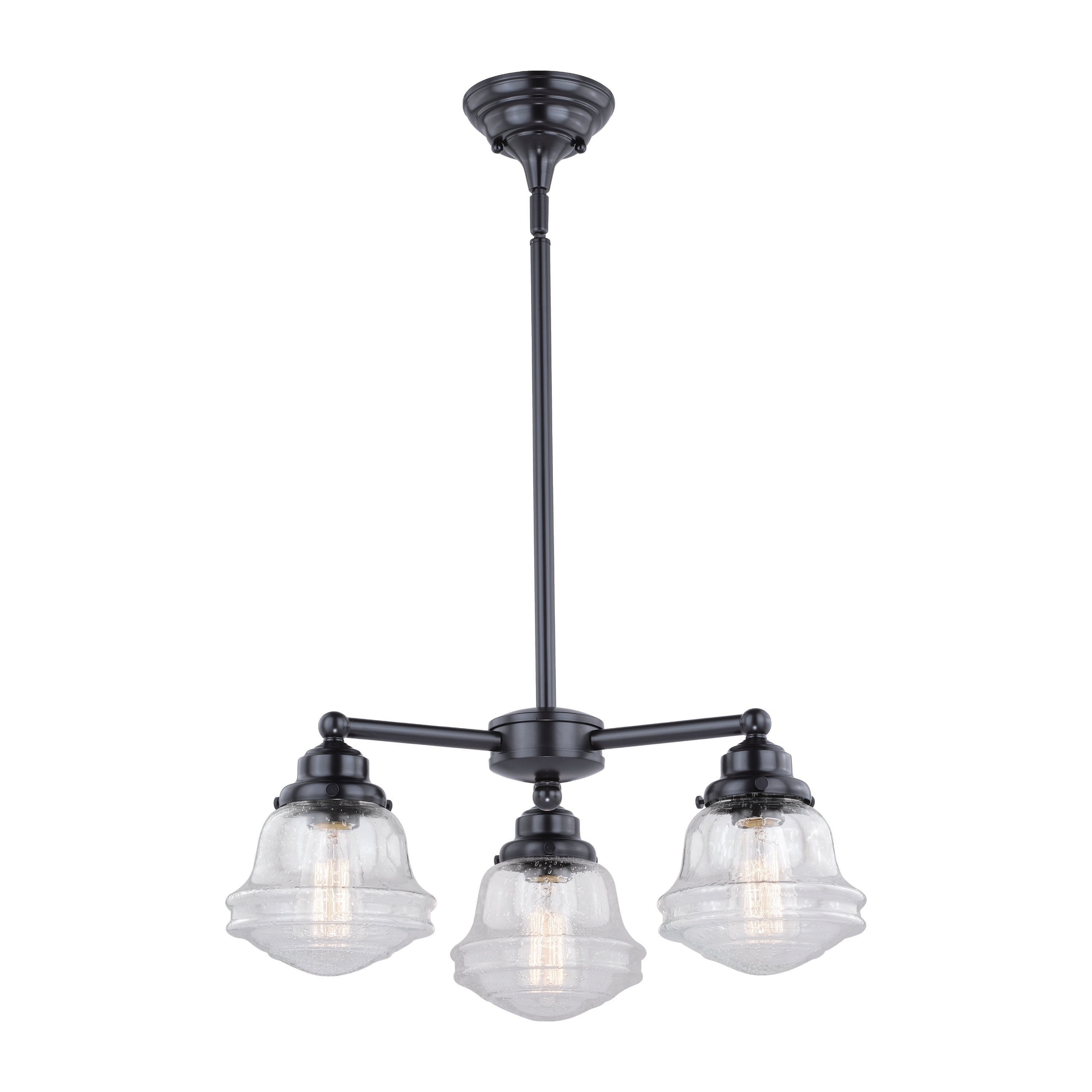 Huntley 3 Light Bronze Farmhouse Schoolhouse Mini Chandelier Clear Glass - 19.75-in W x 32.25-in H x 19.75-in D - Chandeliers For Bedrooms by Overstock.com