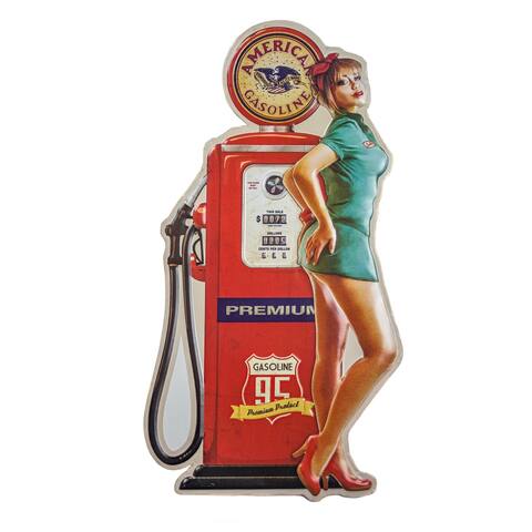 Vintage American Gas Pin Up Gas Pump Girl Embossed Metal Wall Decor Sign for Bar, Garage or Man Cave