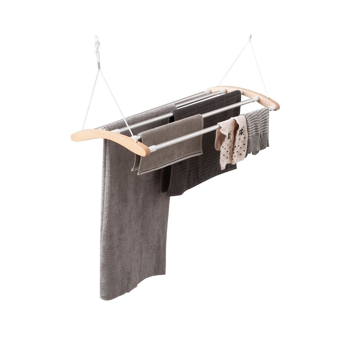 Innoka Birch Wood Extendable Ceiling Clothes Drying Rack Garment Dryer With 5 Aluminum Bars Space Saving Maximum Load 9kg