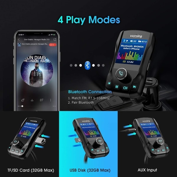 VicTsing Car Bluetooth FM Transmitter 1.8/" Color Screen MP3 Player AUX USA Sale