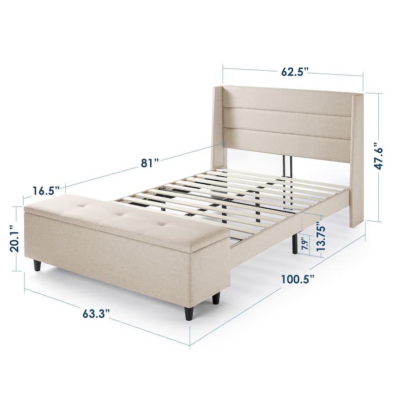 Beige Upholstered Platform Bed with Storage Ottoman By Crown Comfort - Queen