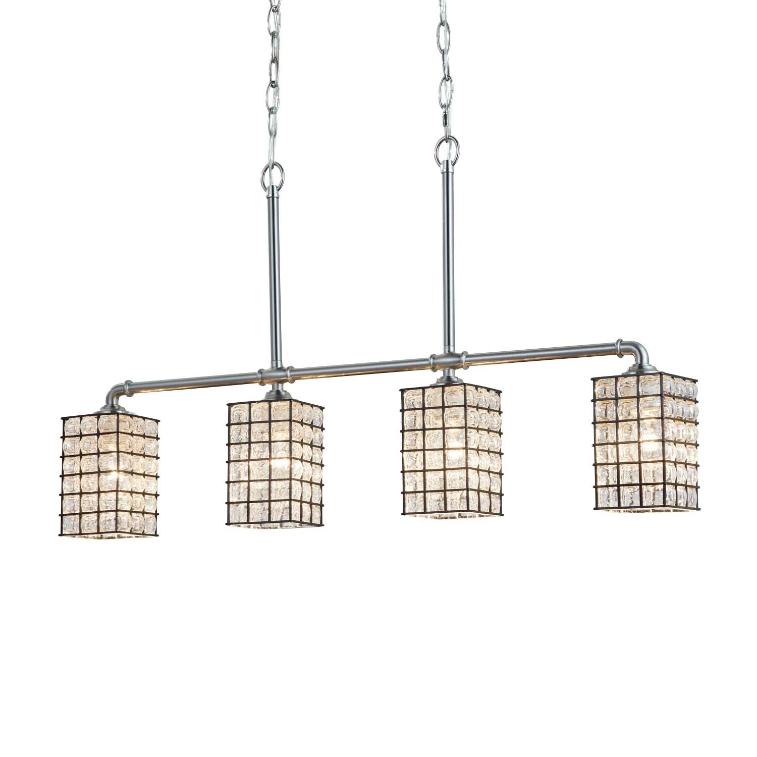 Justice Design Group Wire Glass Bronx 4-light Brushed Nickel Chandelier, Grid with Clear Bubbles Shade - Chandeliers For Bedrooms by Overstock.com