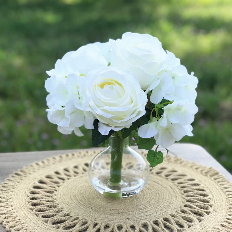 Enova Home Artificial Silk Open Roses and Hydrangea Fake Flowers Arrangement in Clear Glass Vase with Faux Water for Home Decor - cream