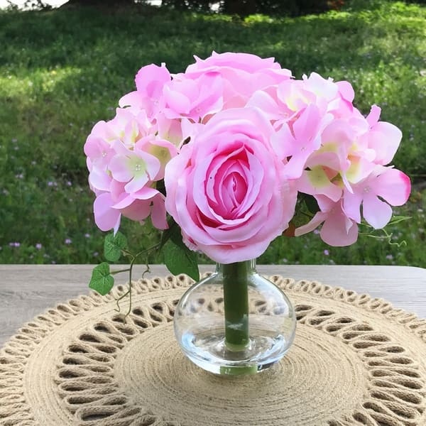 Shop Enova Home Open Rose And Hydrangea Silk Flower Arrangement In