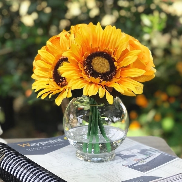 Enova Home Sunflower and Rose Mixed Silk Flower in Clear Glass Vase - Orange