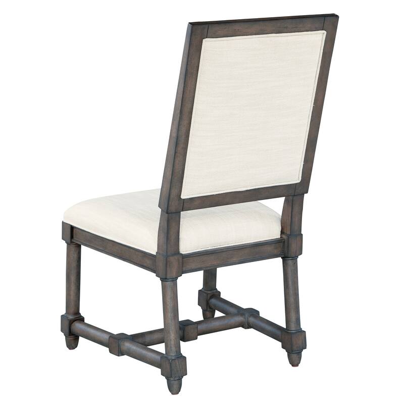 Brown Wood and White Linen Upholstered Dining Side Chair