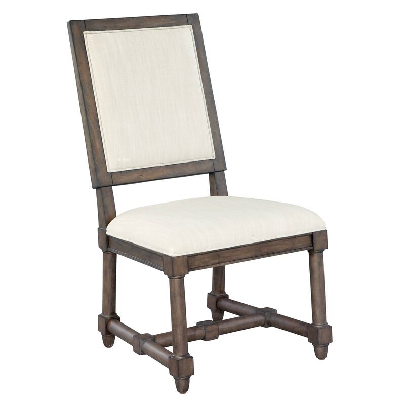 Brown Wood and White Linen Upholstered Dining Side Chair