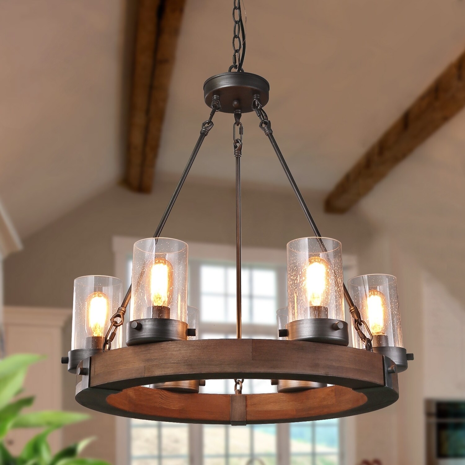 Tylon 6-Light Rustic Wood Wheel and Glass Shade Chandelier - D24.8"x H 27.2" (D24.8"x H 27.2") - Chandeliers For Bedrooms by Overstock.com