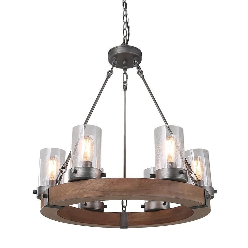 Tylon 6 Light Rustic Wood Wheel And Gl Shade Chandelier Tylon 6 Light Rustic Wood Wheel And Gl Shade Chandelier