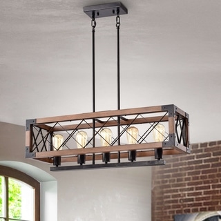 Aurora Antique Black Rectangular Metal and Natural Wood Chandelier