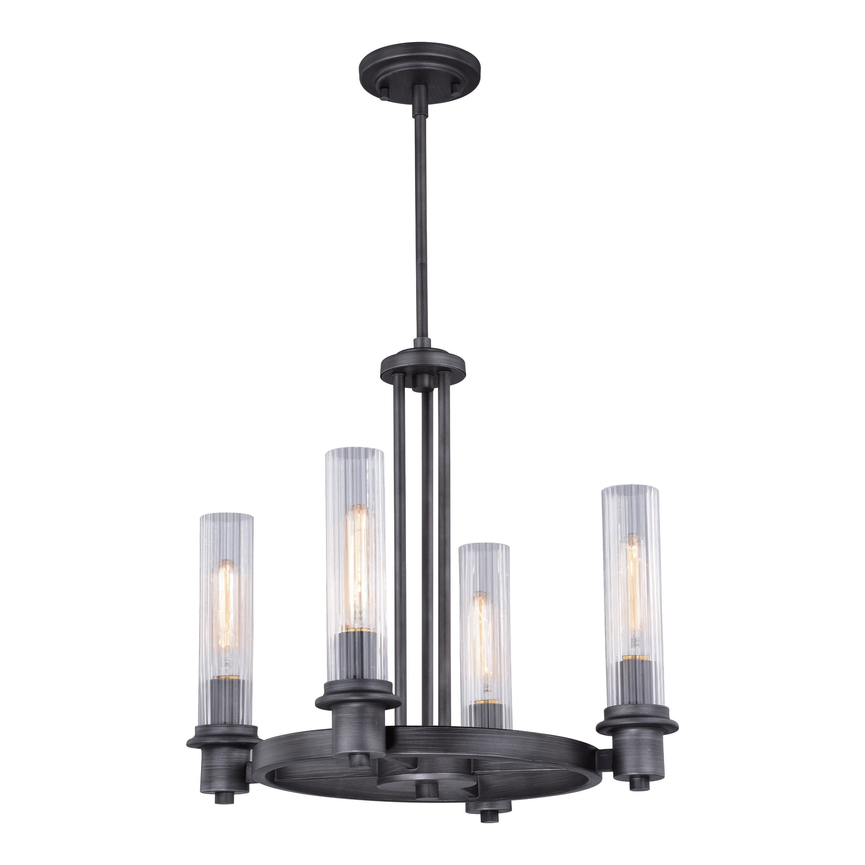 Astor 4 Light Black Industrial Wheel Mini Chandelier Clear Glass - 18.5-in W x 23-in H x 18.5-in D - Chandeliers For Bedrooms by Overstock.com