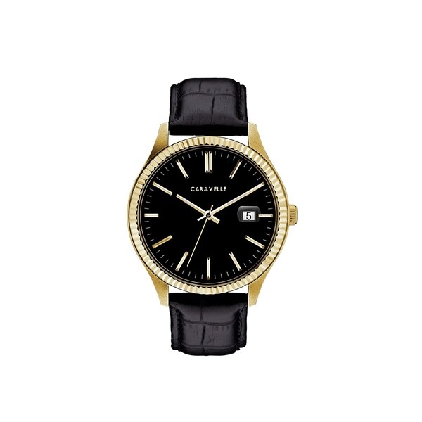 mens gold watch with black leather strap