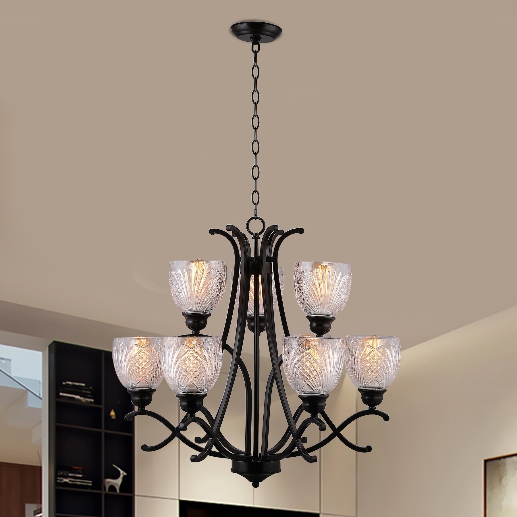 CO-Z Oil Rubbed Bronze Chandelier with Clear Cross Grain Glass Shade (7 to 10 - 2 Tiers) - Chandeliers For Bedrooms by Overstock.com