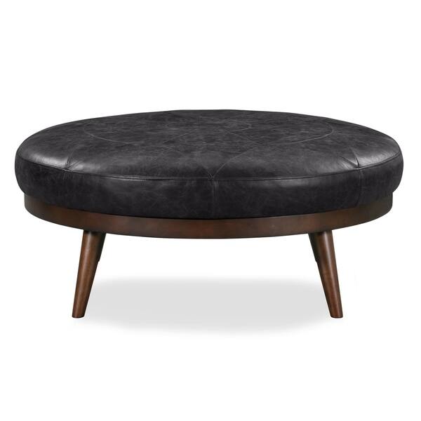 Strick Bolton Imre Round Leather Ottoman On Strick Bolton Imre Round Leather Ottoman On